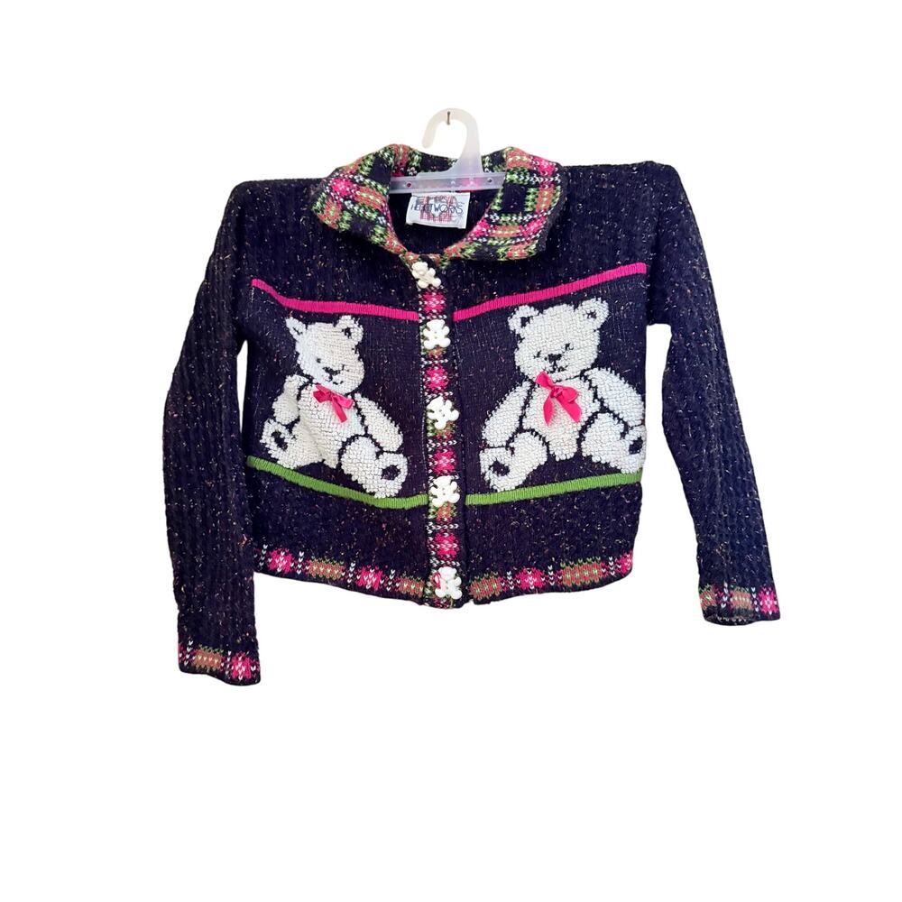 Vintage Heartworks Teddy Bear Cardigan Child Small USA Knit Kids 90s